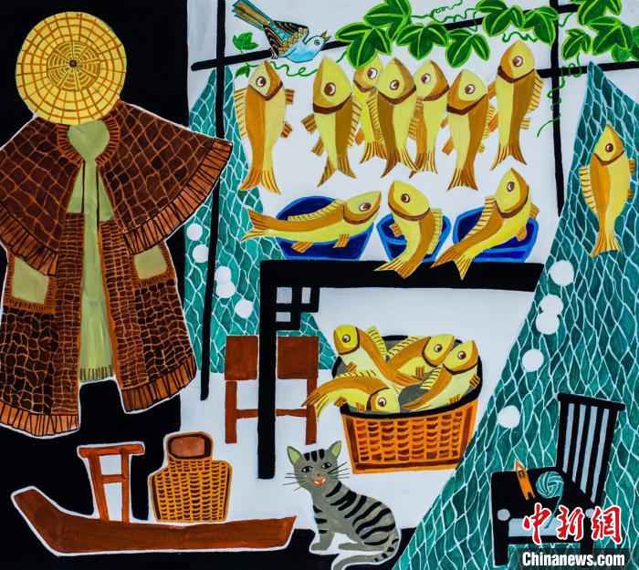 何萍青所画的《渔家小院》。受访者提供 浙江象山农民创作力量:植根山海基因绘制家乡画卷